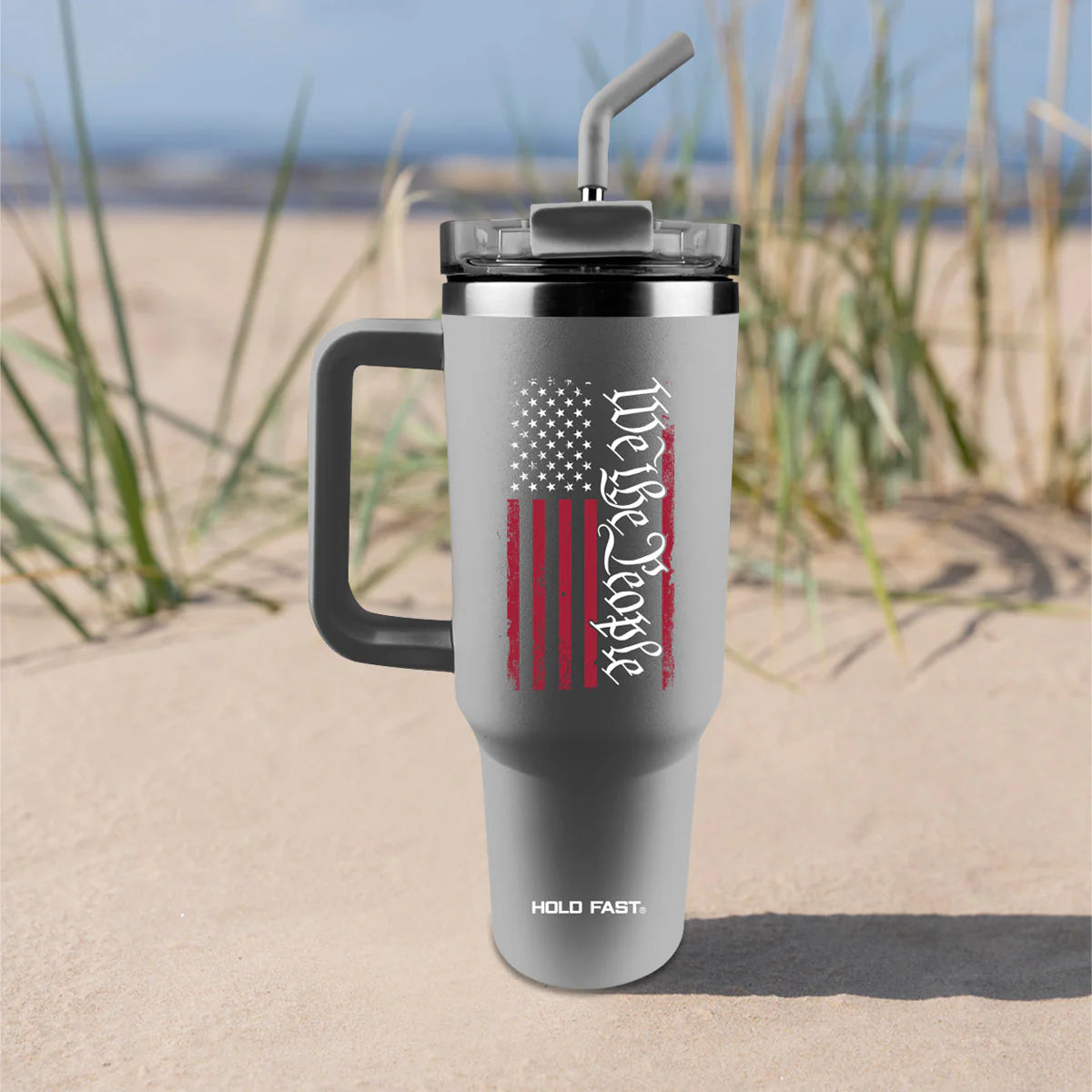 HOLD FAST 40 oz Stainless Steel Mug With Straw We The People Flag